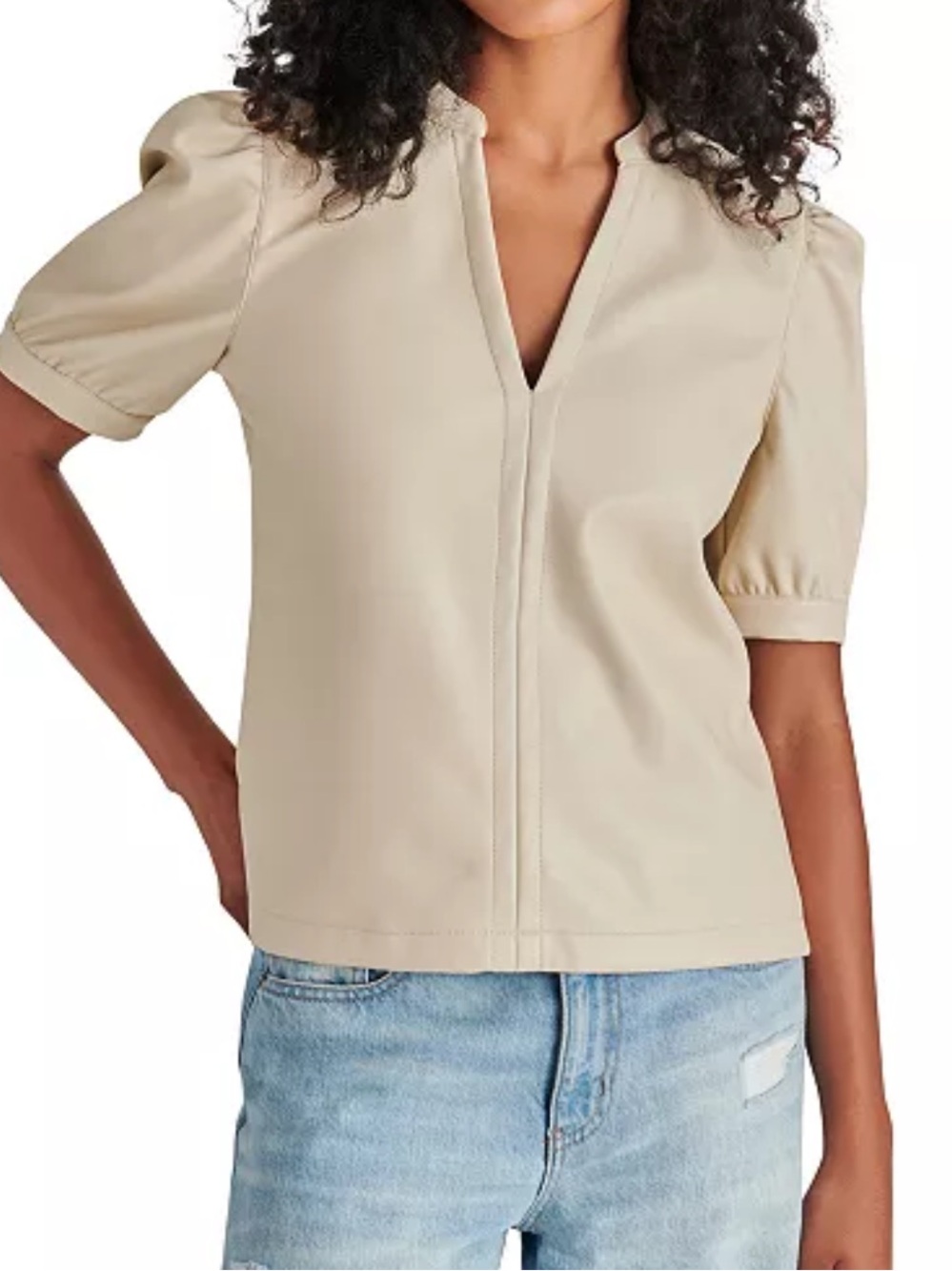 NWT Leather Puff Sleeve V Neck Blouse Steve Madden